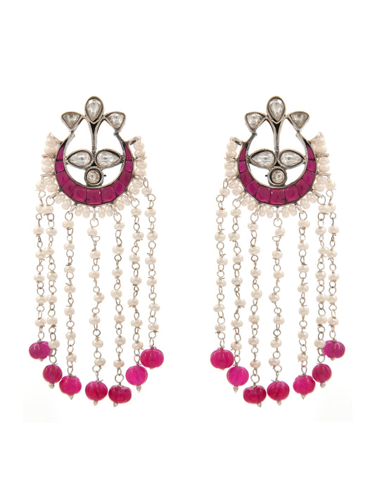 Sone Ki Gulabi Chaandbali: 925 Sterling Silver with Pink and White Kundan and Pearl