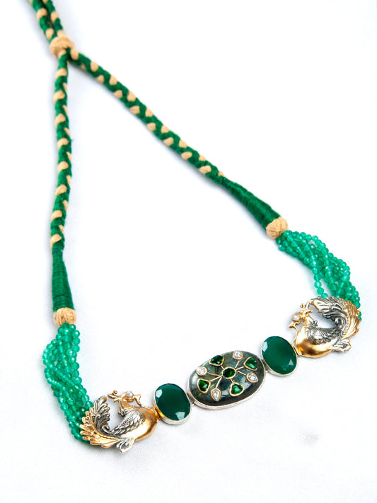 Fusion Green Bird Choker: 925 Silver with Labradorite Kundan Gemstone