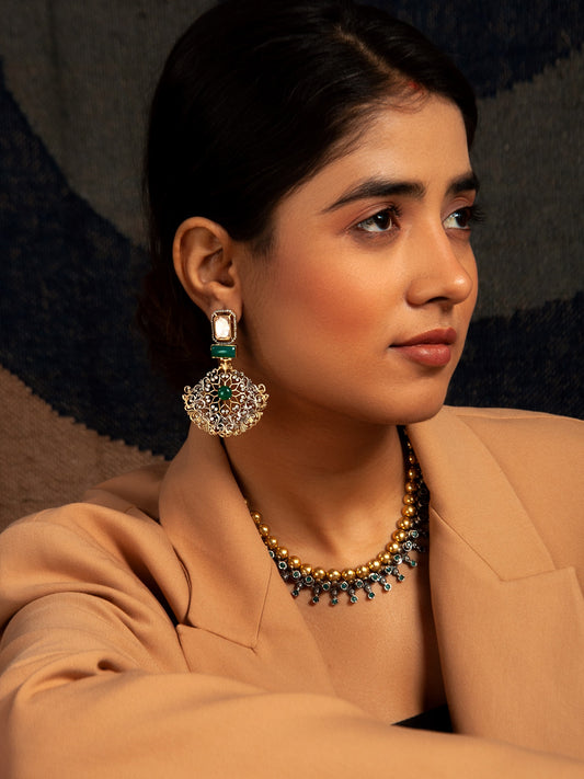 Shubhankar Dwirupa Moissanite Earrings: 925 Sterling Silver Two Tone Earrings with Green Onyx