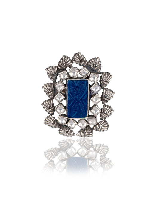 Blue Carved Stone Kundan Adjustable Ring