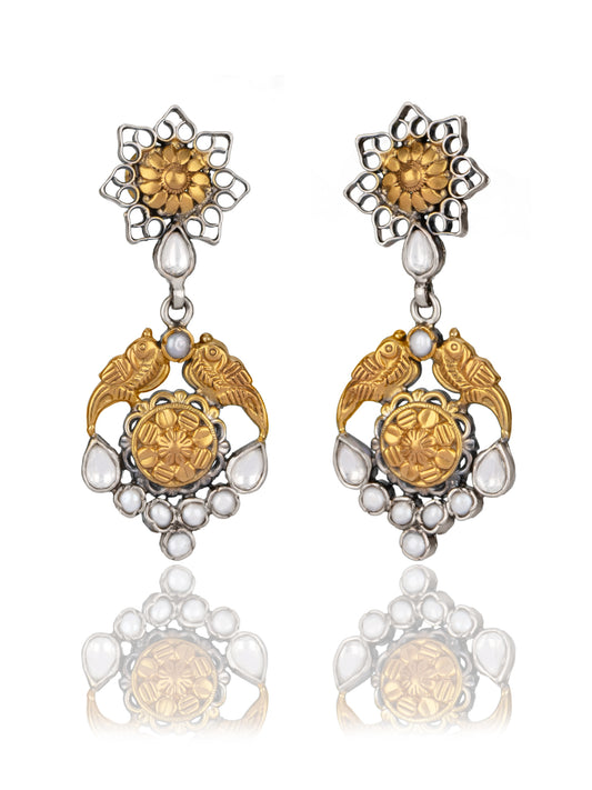Twin Peacock Two Tone Intricate Earrings with Kundan and Pearl