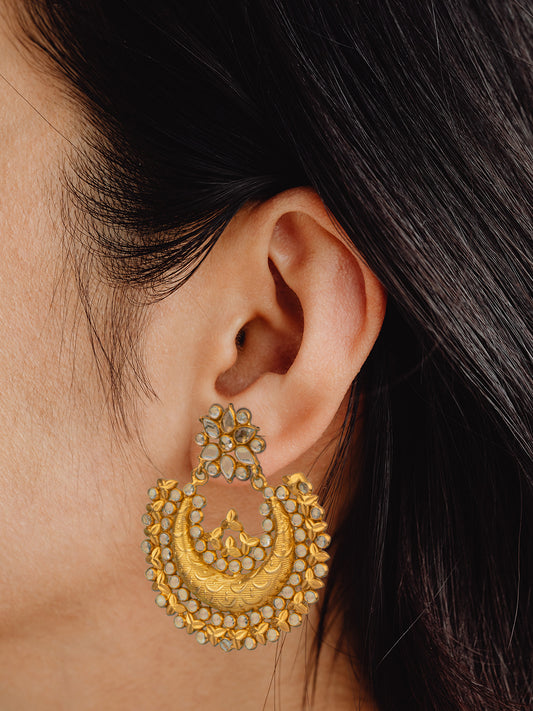 925 Sterling Silver Gold Plated Chaand Earrings with Checkers