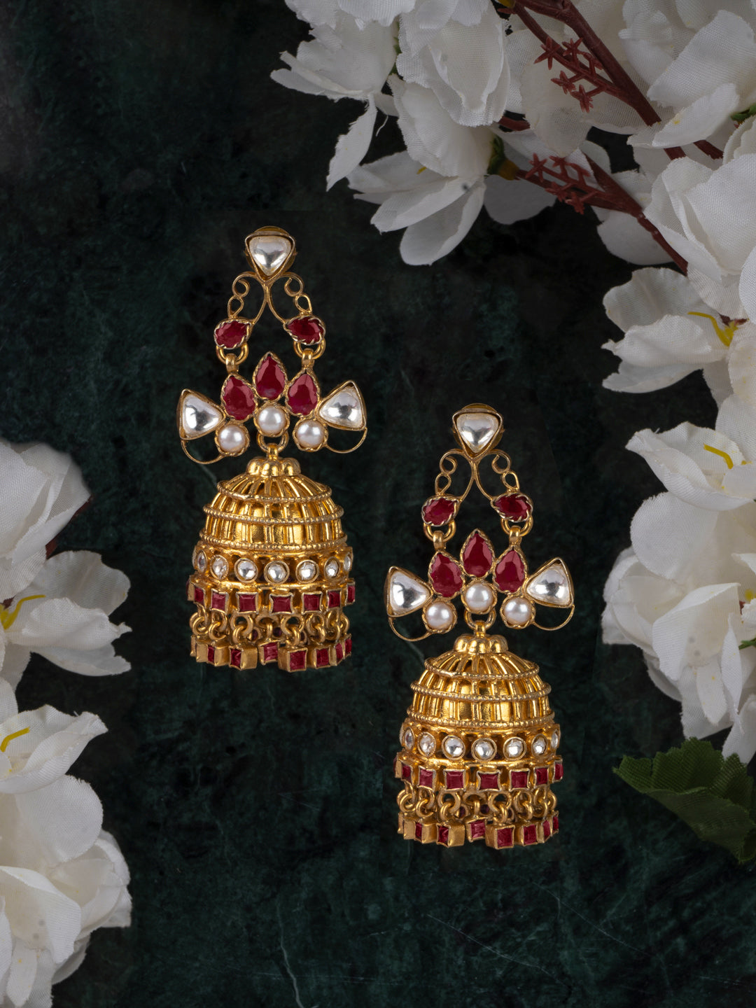 925 Sterling Silver Gold Plated Jhumki with Kundan and Ruby