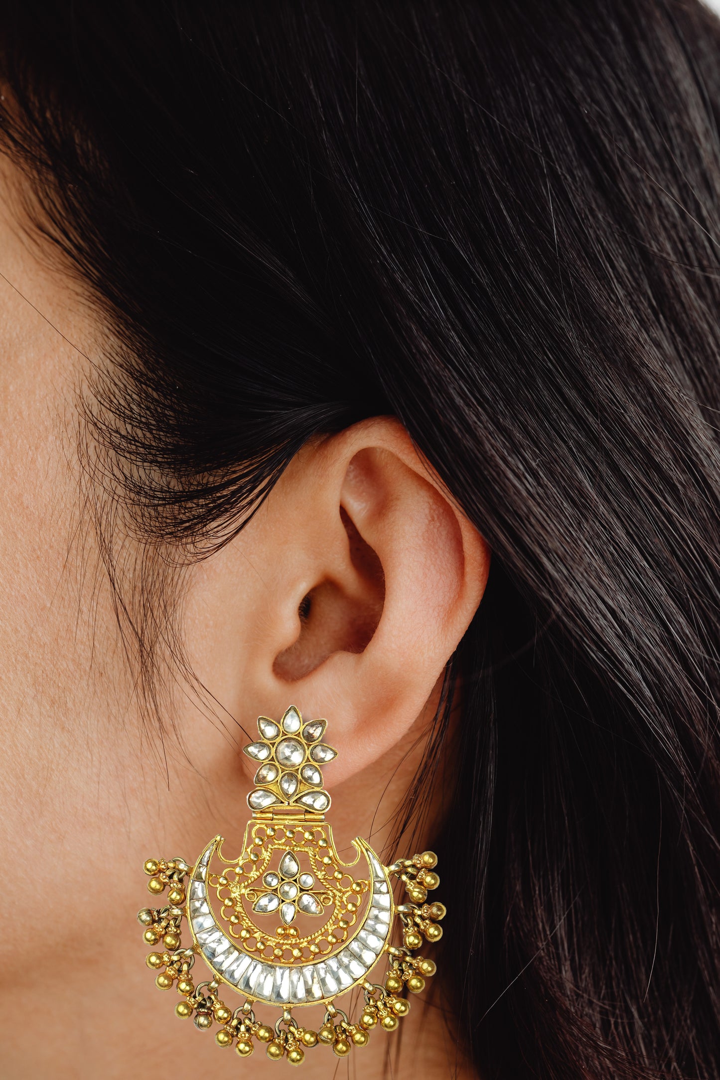 925 Silver Gold Plated White Kundan Chandbali with Ghungroos