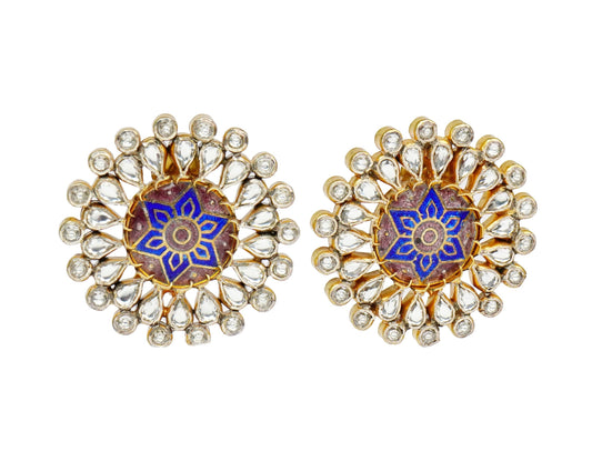 Silver Meenakari Stud Earrings with Checker and Kundan - Neeta Boochra Jewellery