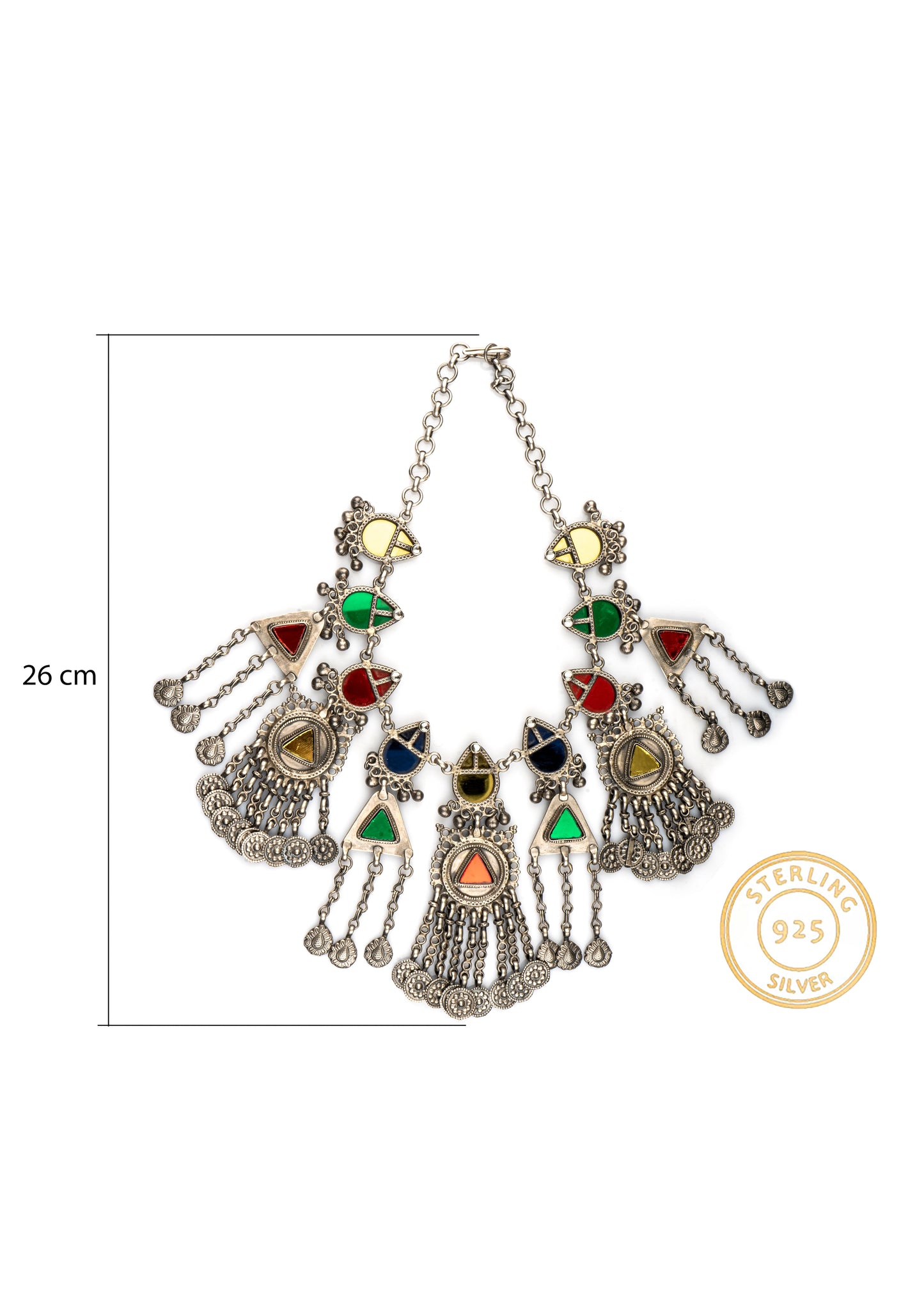 925 Sterling Silver Oxidized Multicolored Glass Necklace