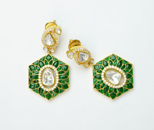 925 Silver Gold Plated Green Paisley Kundan Earrings - Neeta Boochra Jewellery