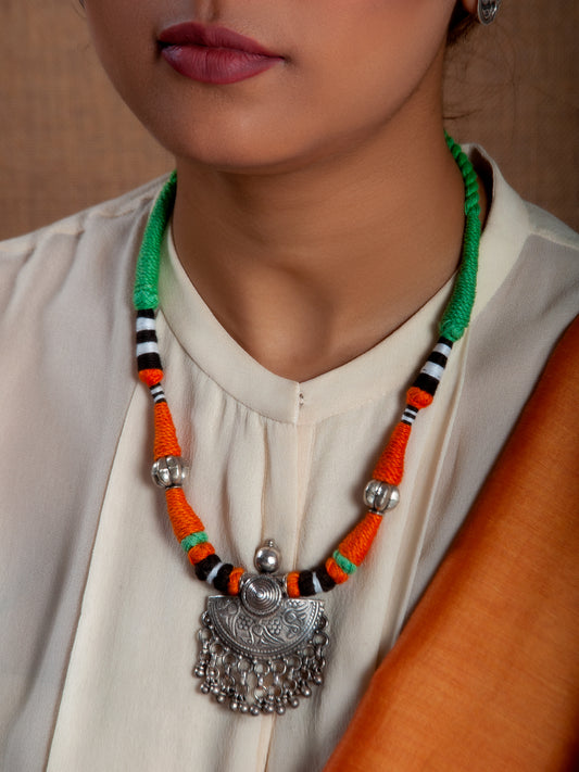 Silver Orange Green Necklace with Ghungroo