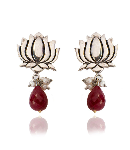 925 Sterling Silver Lotus Earrings with Ruby Drop