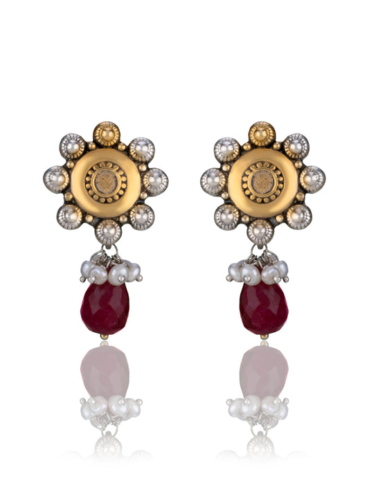 Two Toned Floral Studs with Ruby Drop