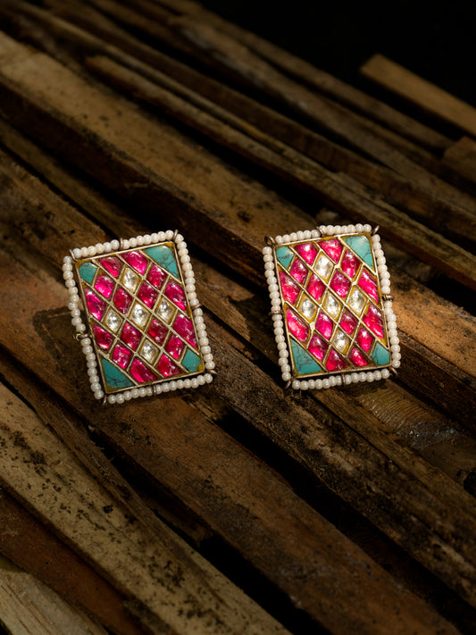 925 Sterling Silver Multicolored Kundan Studs with Pearl