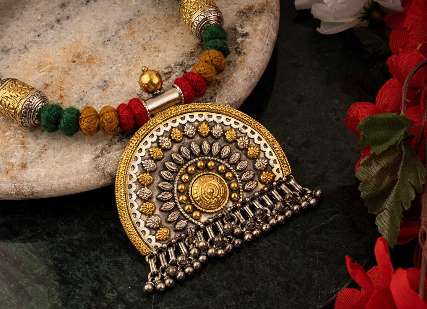 925 Sterling Silver Necklace with Multicolored Adjustable Patwa Thread