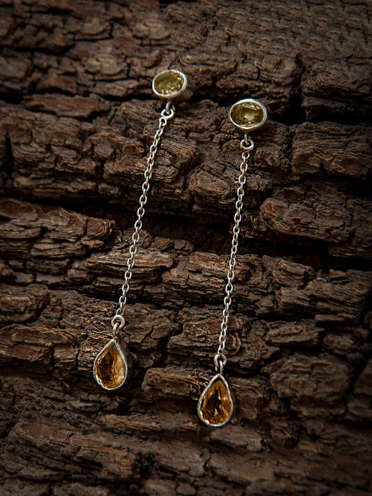 925 Sterling Silver Long Earrings with Peridot and Citrine