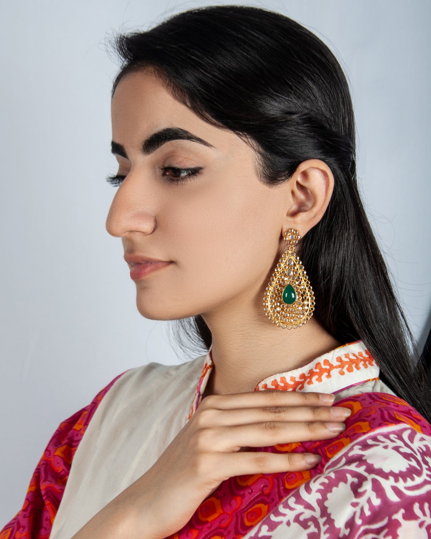 925 Sterling Silver Gold Plated Crystal Earring with Green Onyx