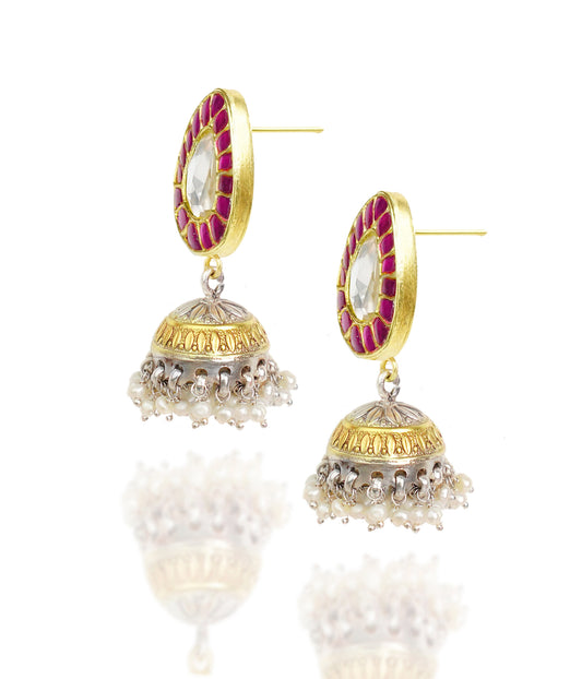 925 Silver Gold Plated White and Red Kundan Paan Jhumki Earrings