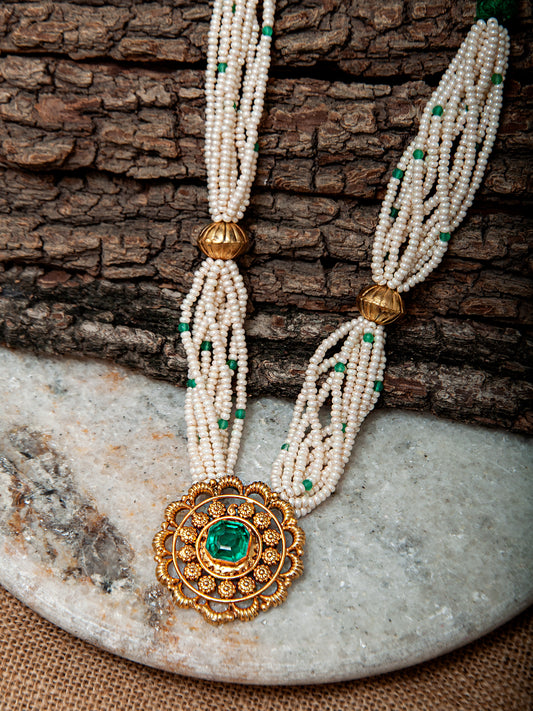 925 Sterling Silver Gold Necklace with Pearl and Green Onyx