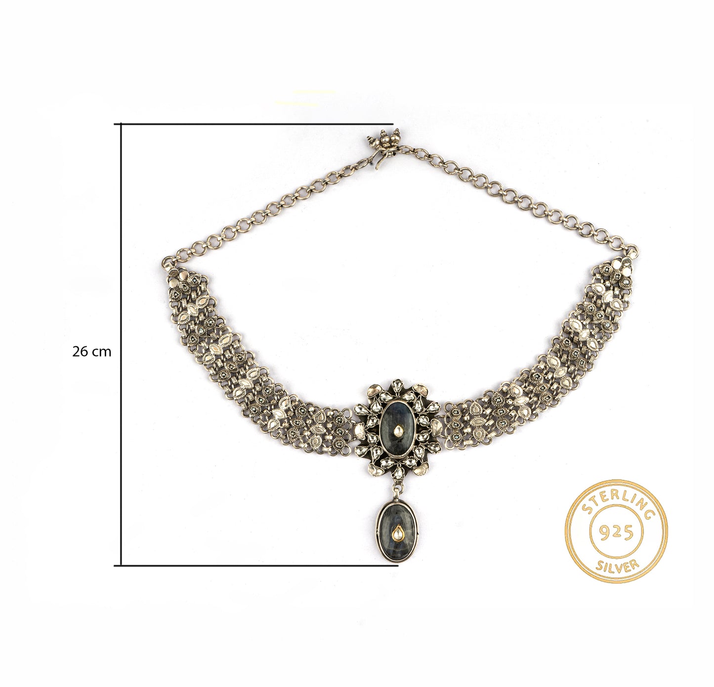 925 Sterling Silver Necklace with Labradorite Stone and Kundan