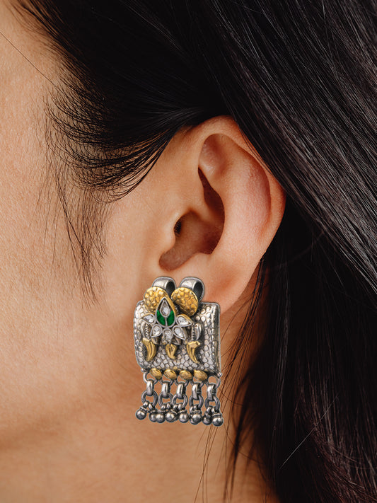 925 Sterling Silver Two Tone Twin Peacock Textured Earrings