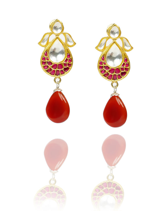 925 Silver Gold Plated Silver and Red Kunan Earrings with Drop - Neeta Boochra Jewellery