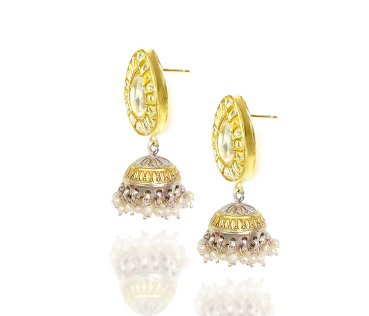 925 Silver Gold Plated White Kundan Paan Jhumki Earrings - Neeta Boochra Jewellery