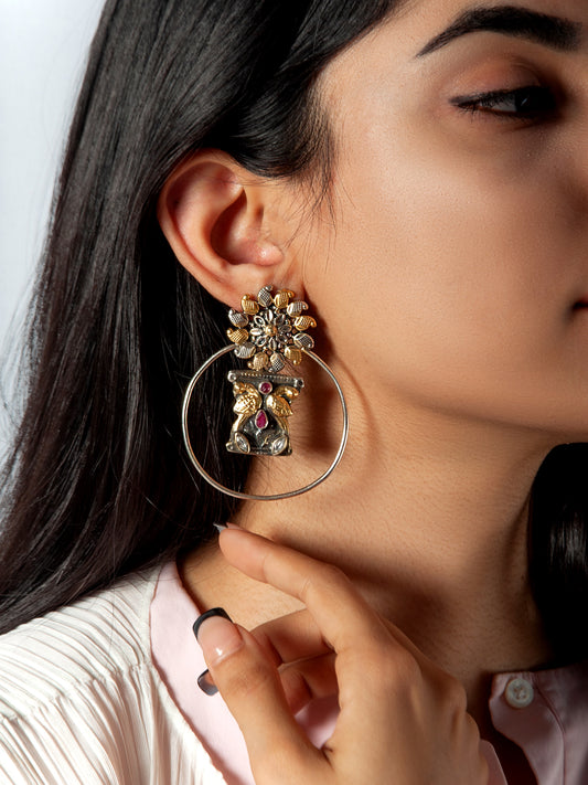 925 Sterling Silver Two Tone 22K Gold Plated Studs Earring With Pink Ruby and White Kundan