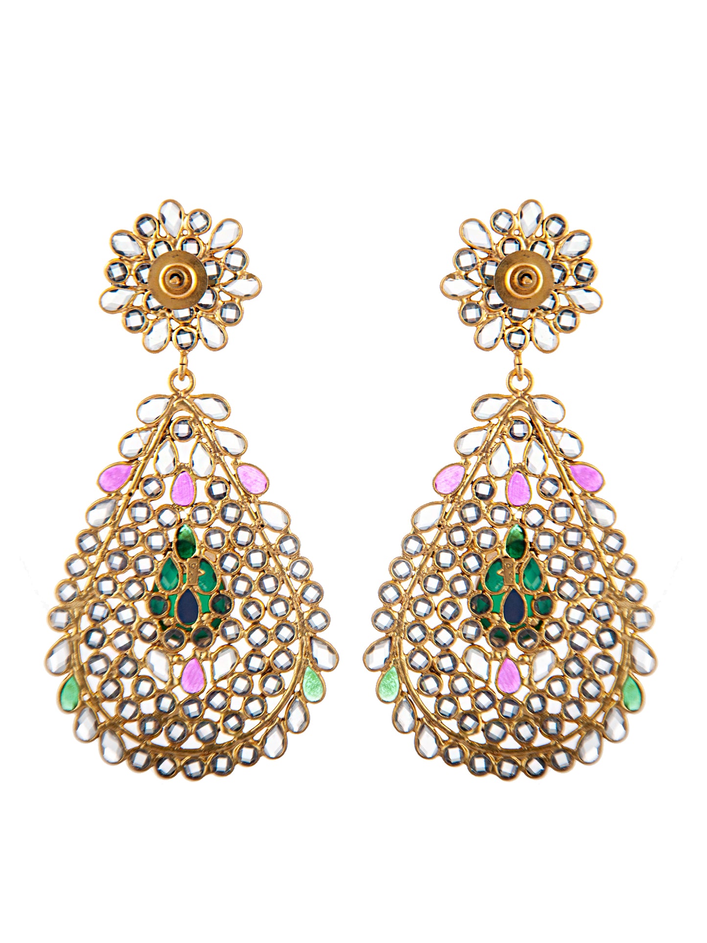 925 Sterling Silver 22K Gold Plated Multicolored Checker Crystal Earrings with Green Onyx