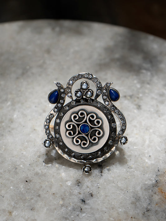 Dotted Adjustable Ring with Blue Lapis and Pearl