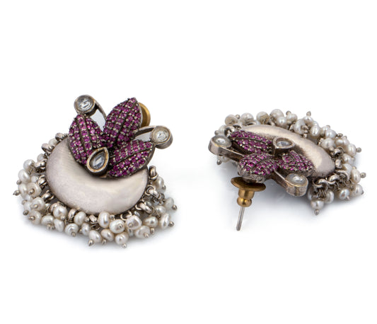 925 Sterling Silver Pink Floral Earrings with Pearls
