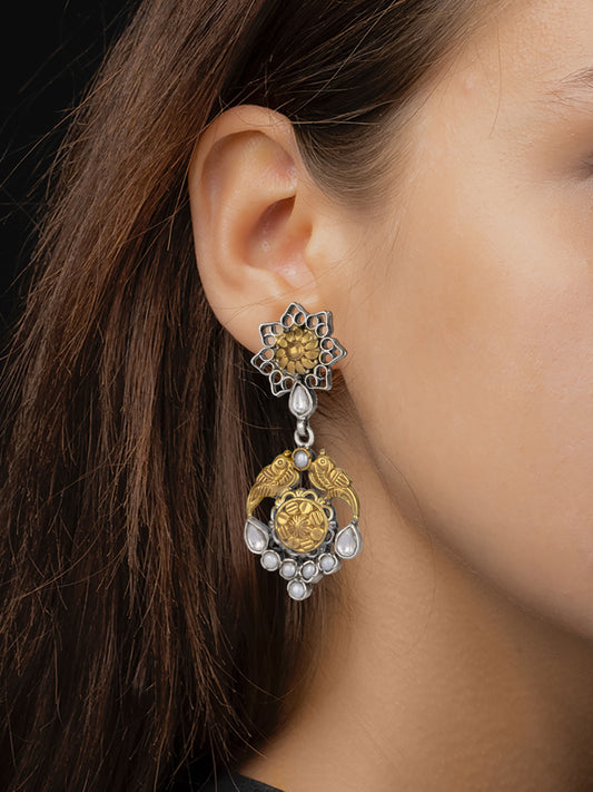 Twin Peacock Two Tone Intricate Earrings with Kundan and Pearl