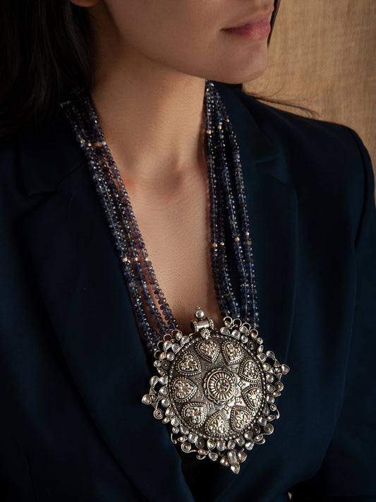 925 Sterling Silver AAA+ Quality Iolite Gemstone Beaded Necklace With Kundan and Pearl