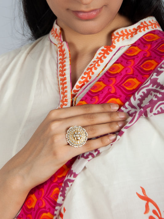 925 Sterling Silver Gold Plated Kundan Adjustable Ring