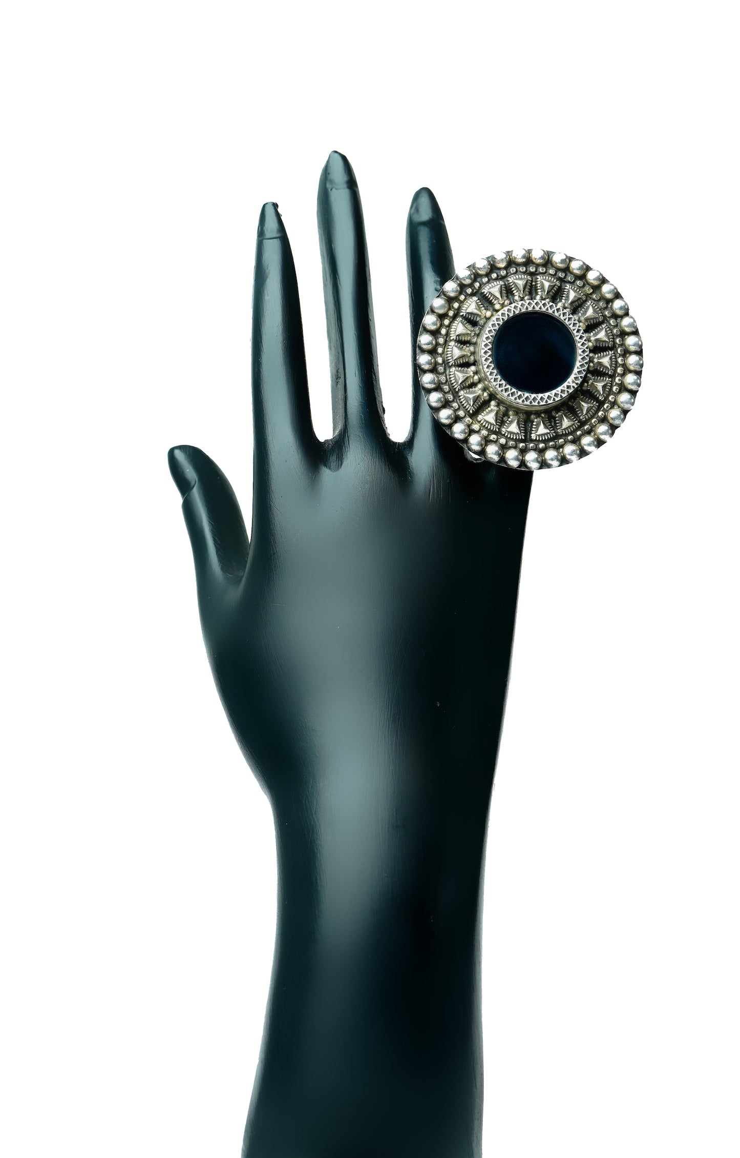Silver Oxidized Rawa Ring with Mirror - Neeta Boochra Jewellery