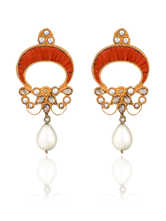 925 Sterling Silver Gold Plated Fusion Chaandbali with Red Corals and Pearl