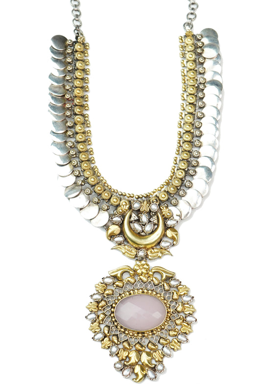Silver Two Tone Coin Necklace with Rose Quartz - Neeta Boochra Jewellery