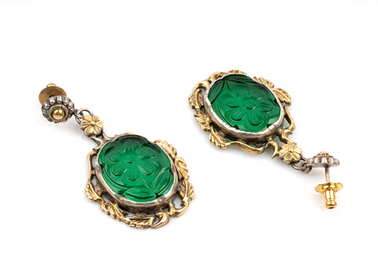 925 Sterling Silver Two Tone Earrings with Carved Stone
