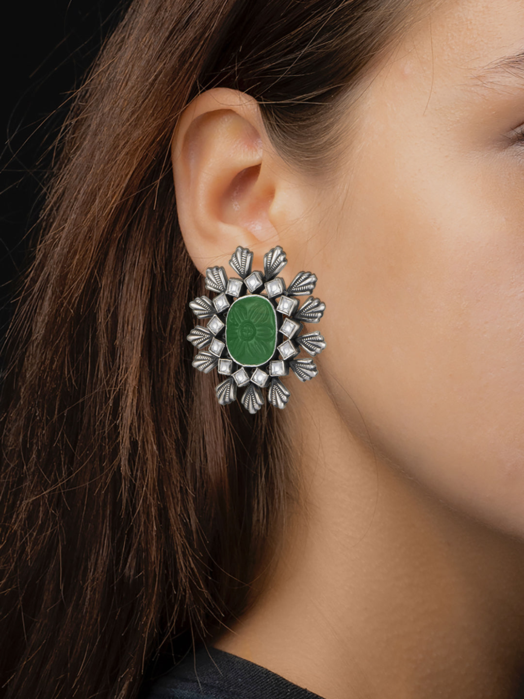 Big Green Carved Stone and Pearl Studs