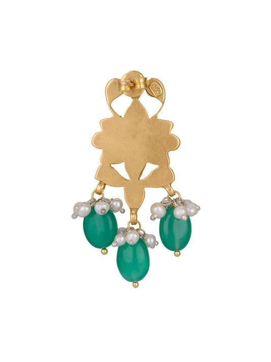 Gold Plated Drop Earrings with Kundan and Green Onyx