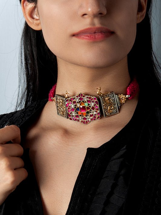 925 Sterling Silver Two Tone 22K Gold Plated Statement Necklace With Multicolor Kundan