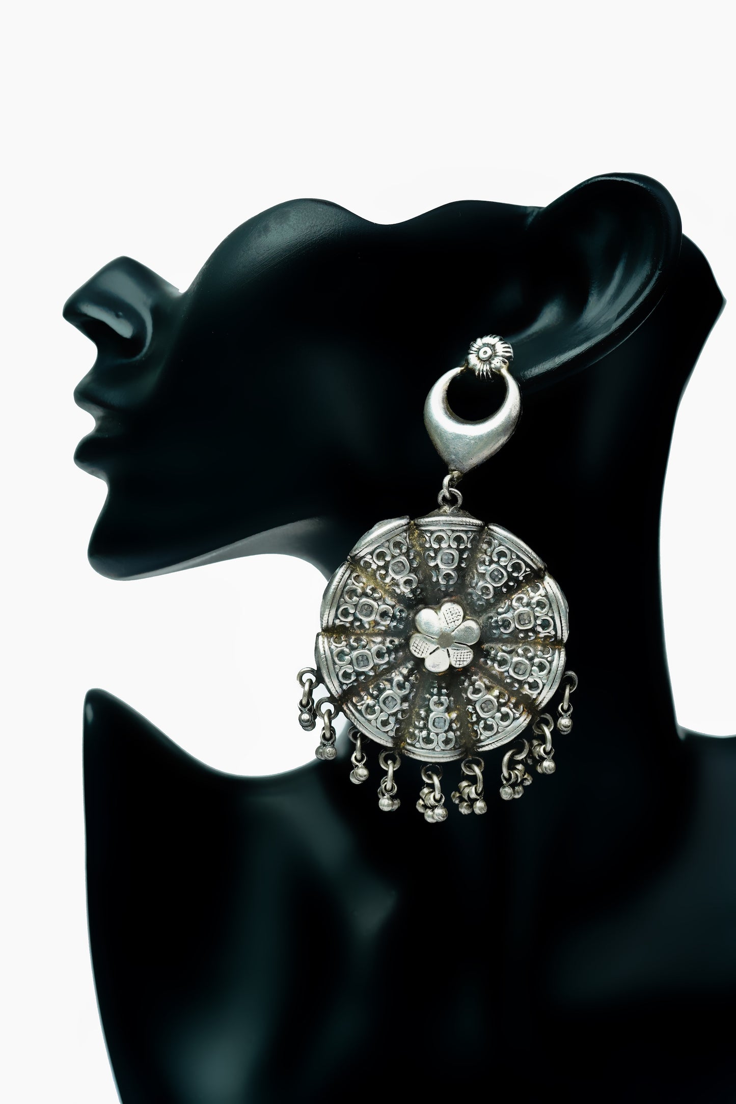 Silver Floral Rawa Earrings with Ghungroos - Neeta Boochra Jewellery