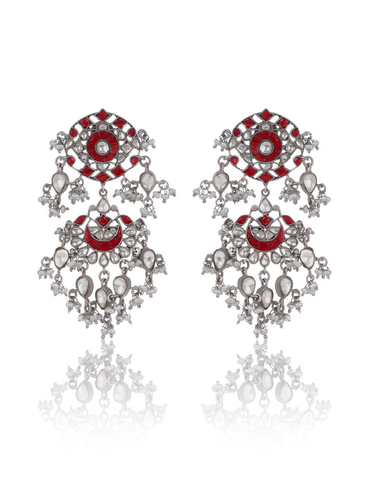 Multicolored Red and White Kundan Drop Earrings with Freshwater Pearl