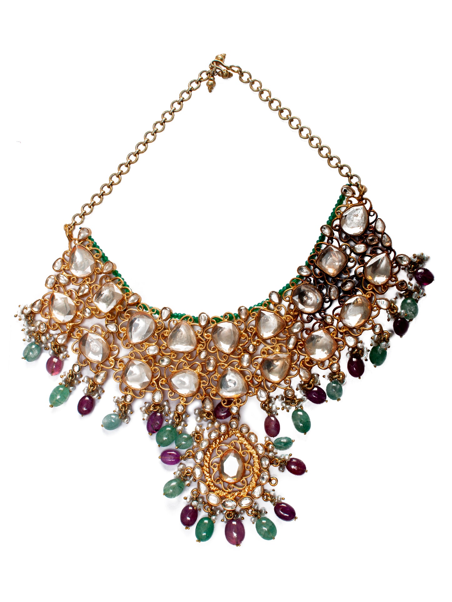 925 Sterling Silver 22K Gold Plated White Kundan Necklace With Green Quartz, Ruby and Pearl