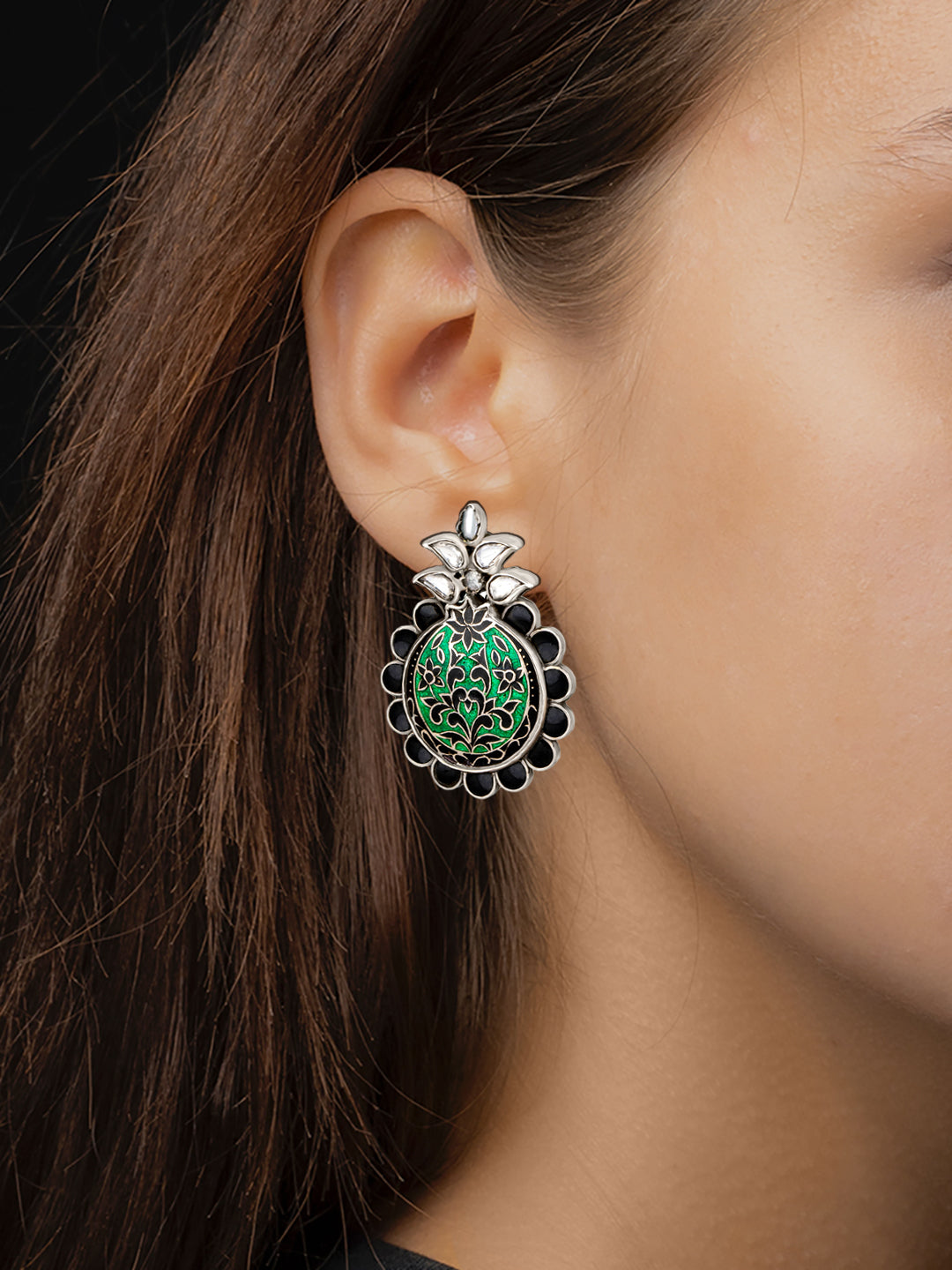 925 Sterling Silver Meenakari Earrings with Kundan