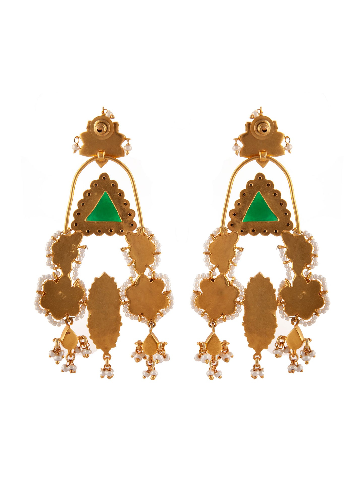 925 Sterling Silver 22K Gold Plated Green Onyx Danglers Earrings With Pearl And White Kundan