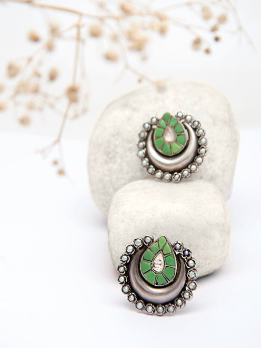 Silver Green White Kundan Studs