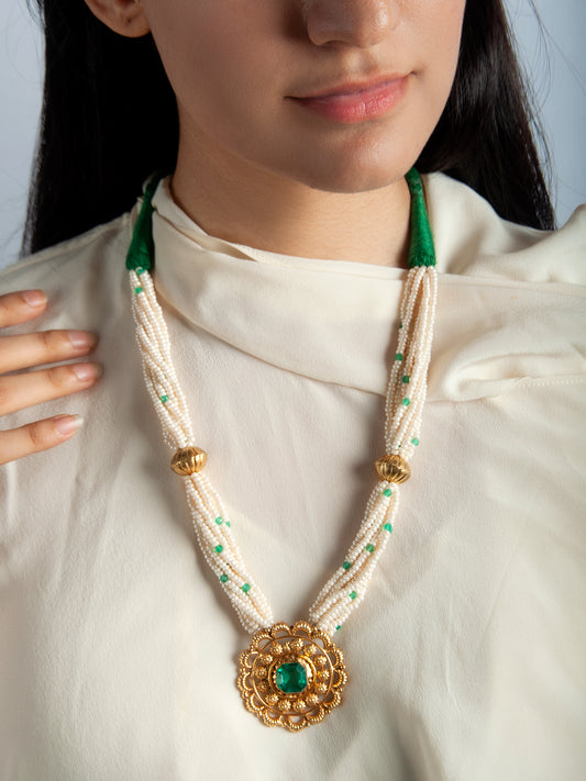925 Sterling Silver Gold Necklace with Pearl and Green Onyx