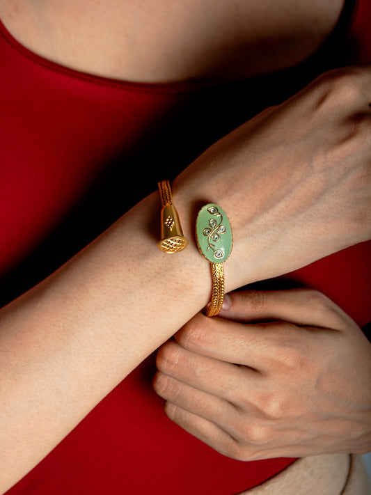 925 Sterling Silver Gold Plated Fusion Bangle with Chalcedony and Kundan work