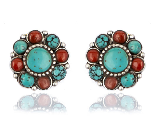 925 Sterling Silver Studs with Turquoise and Red Coral Gemstones