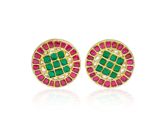 Silver Gold Plated Multi-Color Button Studs with Kundan - Neeta Boochra Jewellery