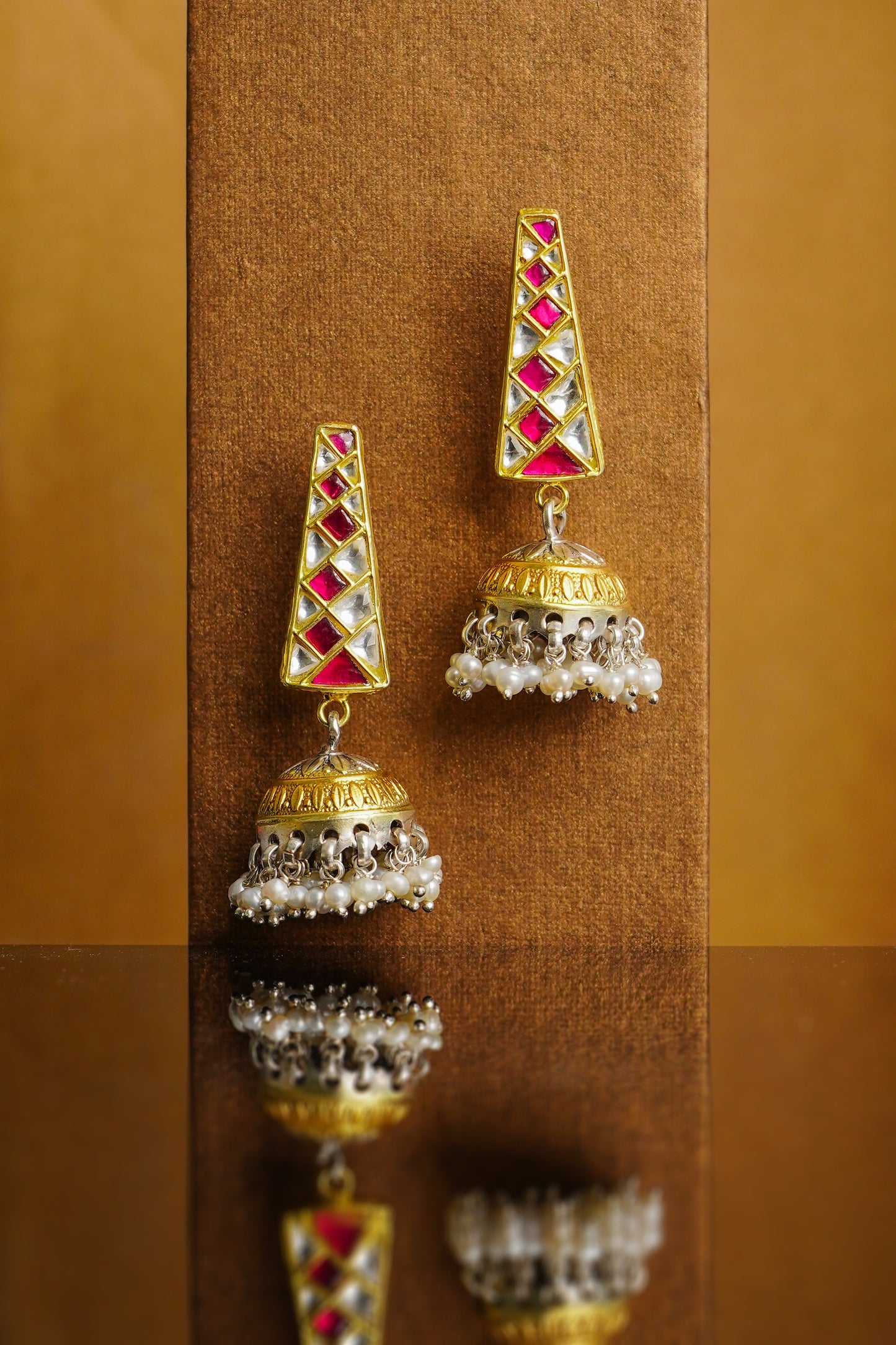 925 Silver Gold Plated White and Red Kundan Trapezium Jhumki Earrings - Neeta Boochra Jewellery