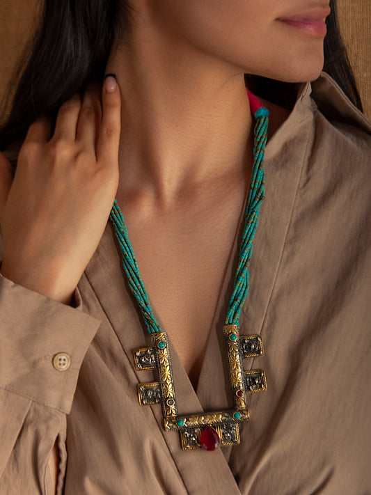925 Sterling Silver Two Tone 22K Gold Plated Turquoise Beaded Necklace With Ruby and Turquoise Gemstone